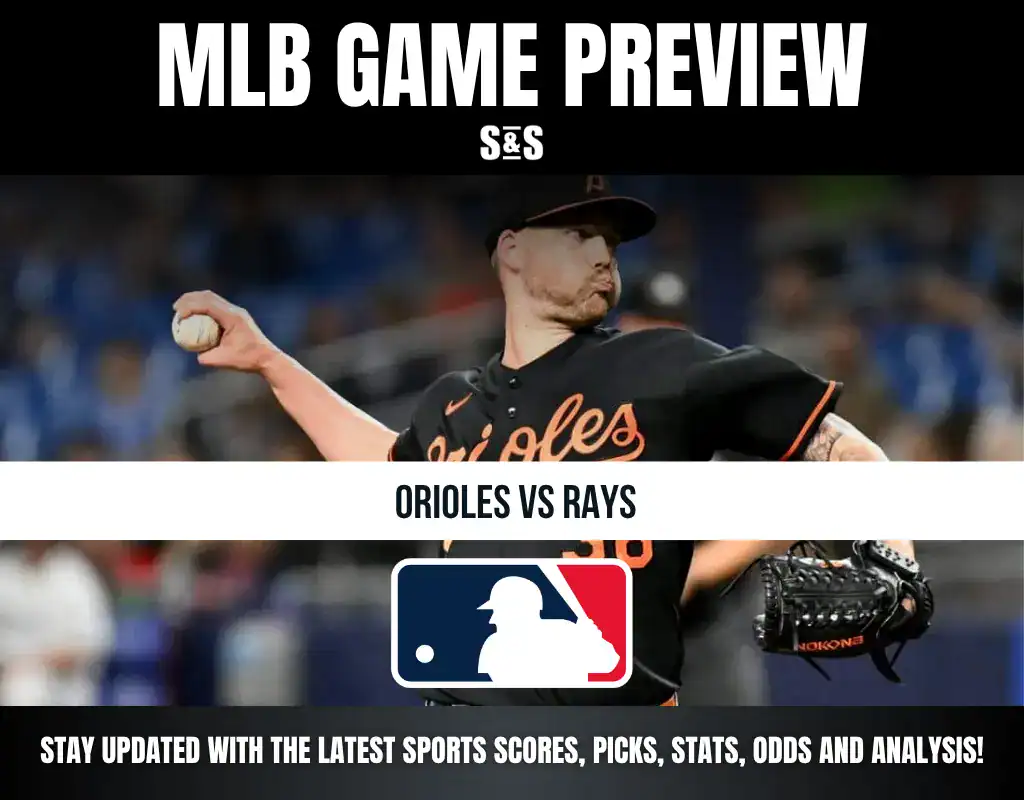 MLB Game Preview featuring the Orioles vs. Rays with an image of a pitcher in action.