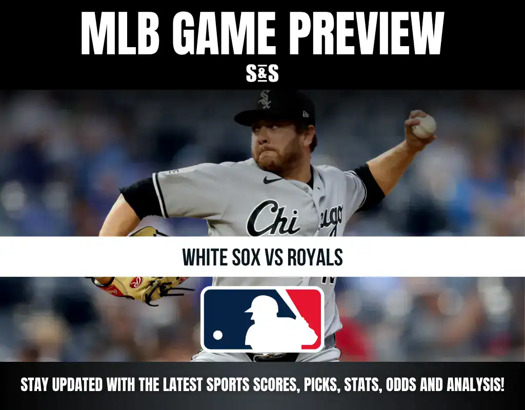 MLB Game Preview featuring a player from the Chicago White Sox, with text indicating a matchup between the White Sox and the Royals, alongside an MLB logo.