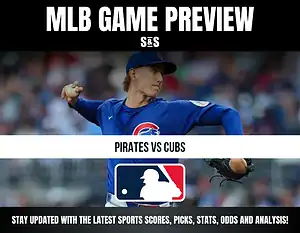 MLB game preview featuring the Pirates vs Cubs, with a player from the Chicago Cubs in action.