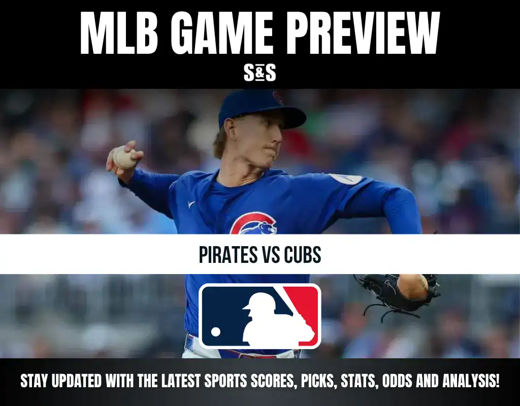 MLB game preview featuring the Pirates vs Cubs, with a player from the Chicago Cubs in action.