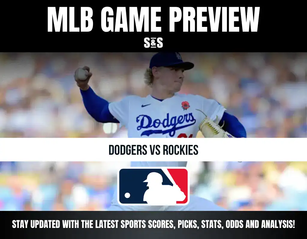 MLB Game Preview featuring the Dodgers vs. Rockies, with a player from the Dodgers in action.