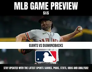 MLB game preview with a pitcher from the San Francisco Giants throwing a baseball. The matchup is between the Giants and the Arizona Diamondbacks, along with an invitation to stay updated on sports scores, picks, stats, odds, and analysis.