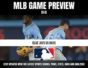MLB game preview graphic featuring the matchup between the Blue Jays and Rays, with a logo of Major League Baseball at the bottom.