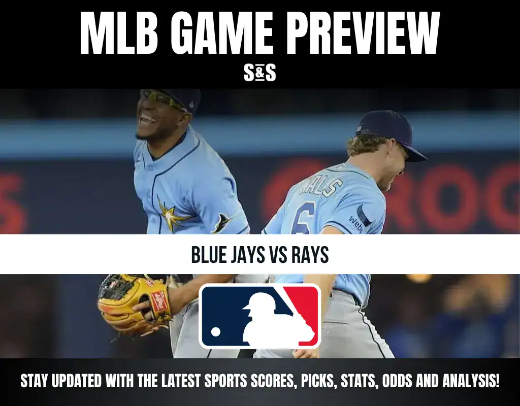 MLB game preview graphic featuring the matchup between the Blue Jays and Rays, with a logo of Major League Baseball at the bottom.