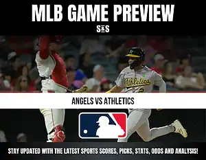 MLB game preview featuring Angels vs Athletics, with a note to stay updated with the latest sports scores, picks, stats, odds, and analysis.