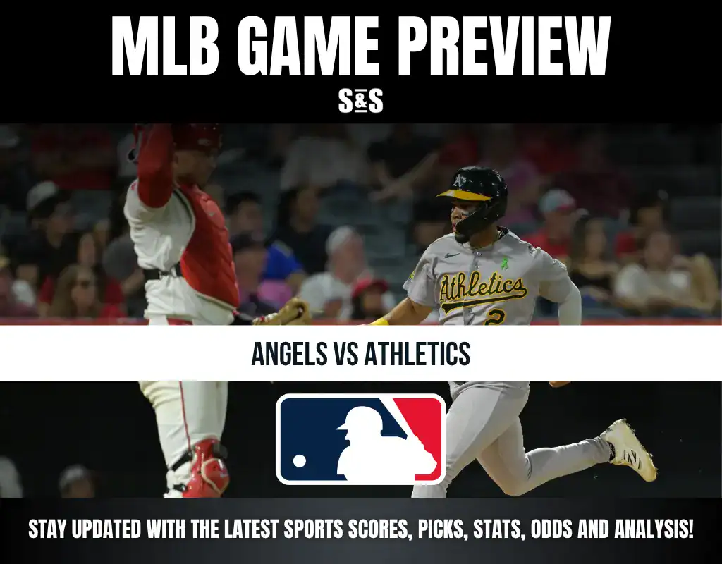 MLB game preview featuring Angels vs Athletics, with a note to stay updated with the latest sports scores, picks, stats, odds, and analysis.
