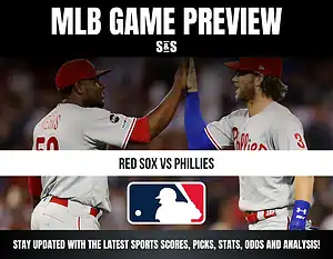 MLB Game Preview featuring the Red Sox vs. Phillies, with two players high-fiving and an MLB logo displayed.