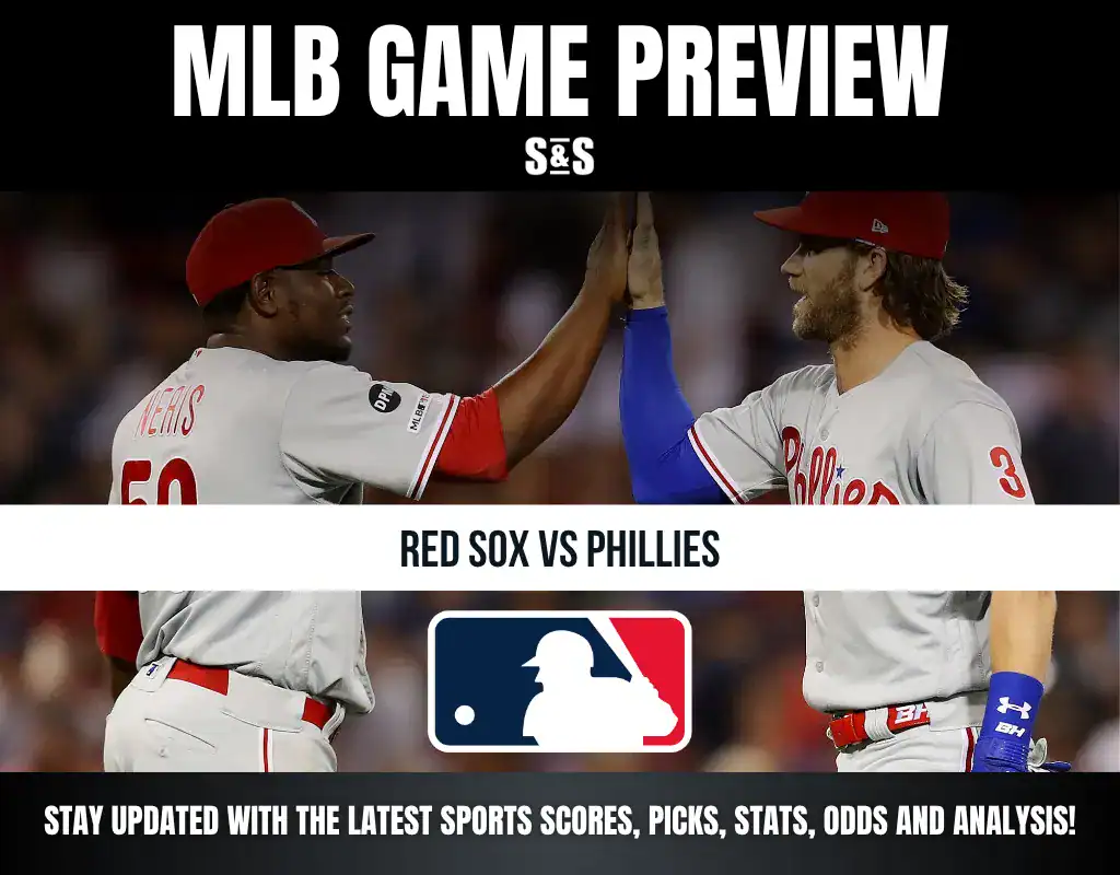 MLB Game Preview featuring the Red Sox vs. Phillies, with two players high-fiving and an MLB logo displayed.
