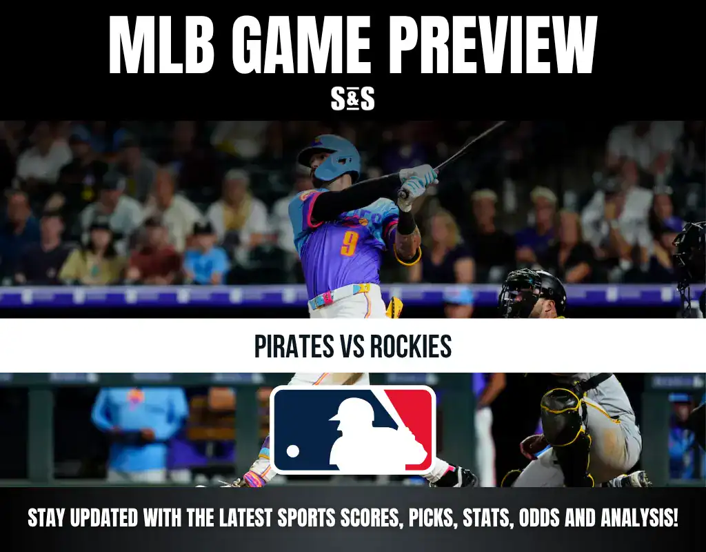 MLB game preview graphic featuring the matchup between the Pirates and Rockies, with a background image of a player swinging a bat.