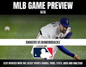 MLB Game Preview graphic featuring "Rangers vs Diamondbacks" and a baseball player in action, with the MLB logo and a note to stay updated with sports scores, picks, stats, odds, and analysis.