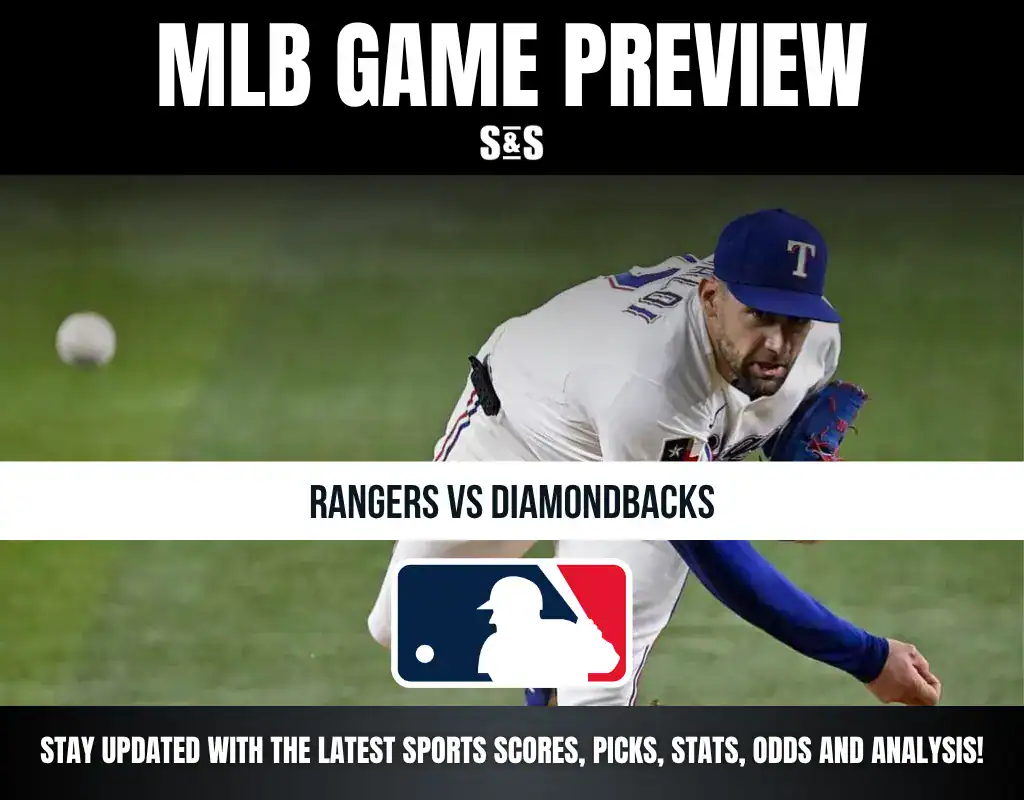 MLB Game Preview graphic featuring "Rangers vs Diamondbacks" and a baseball player in action, with the MLB logo and a note to stay updated with sports scores, picks, stats, odds, and analysis.
