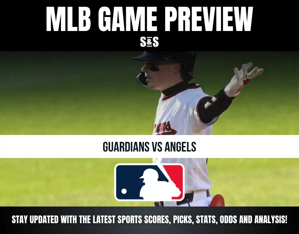 MLB Game Preview featuring Guardians vs Angels, with a sports graphic design.