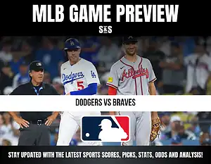 MLB game preview featuring Dodgers vs Braves with umpires and players from both teams; includes text encouraging viewers to stay updated on scores, stats, odds, and analysis.