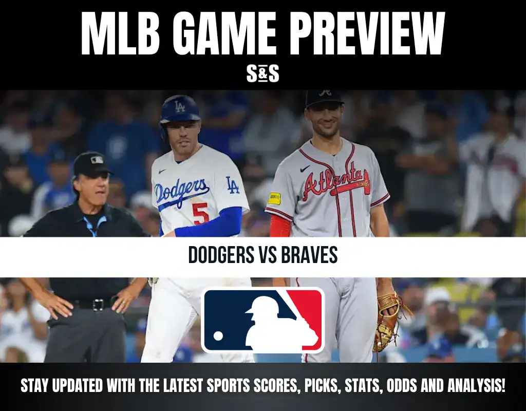 MLB game preview featuring Dodgers vs Braves with umpires and players from both teams; includes text encouraging viewers to stay updated on scores, stats, odds, and analysis.