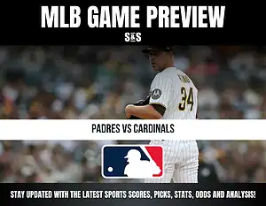 MLB Game Preview featuring a player in a Padres uniform with the text "Padres vs Cardinals" and a notice to stay updated with sports scores, picks, stats, odds, and analysis.