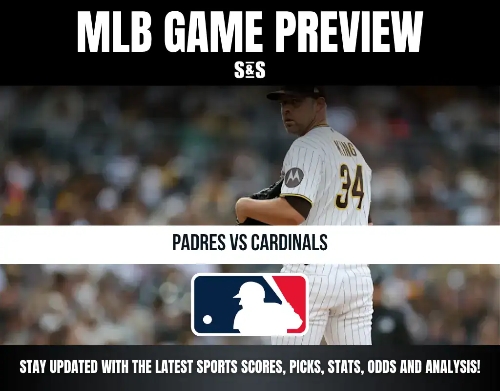 MLB Game Preview featuring a player in a Padres uniform with the text "Padres vs Cardinals" and a notice to stay updated with sports scores, picks, stats, odds, and analysis.
