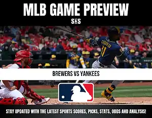 MLB Game Preview: Brewers vs Yankees, with a graphic showcasing a player in action and the MLB logo, encouraging viewers to stay updated on sports scores and analysis.