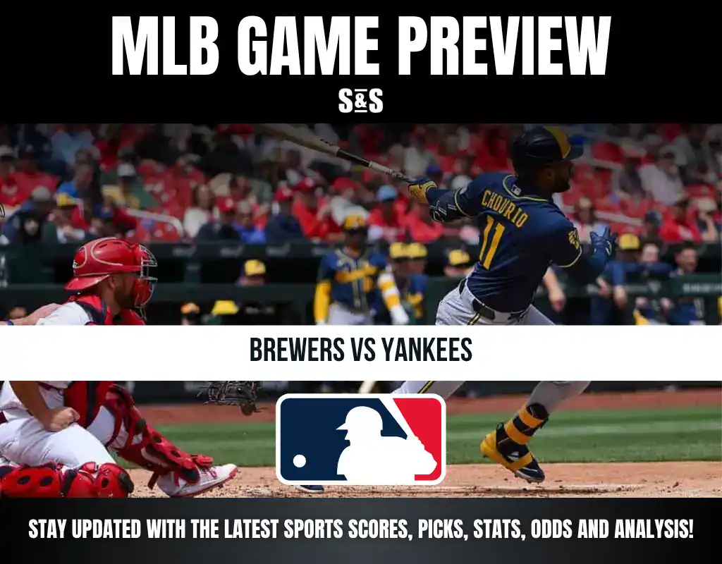MLB Game Preview: Brewers vs Yankees, with a graphic showcasing a player in action and the MLB logo, encouraging viewers to stay updated on sports scores and analysis.