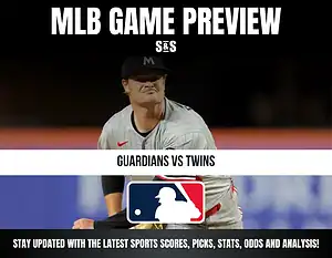 MLB Game Preview graphic featuring text "Guardians vs Twins" and a pitcher in action, with a banner at the bottom for updates on sports scores, picks, stats, odds, and analysis.