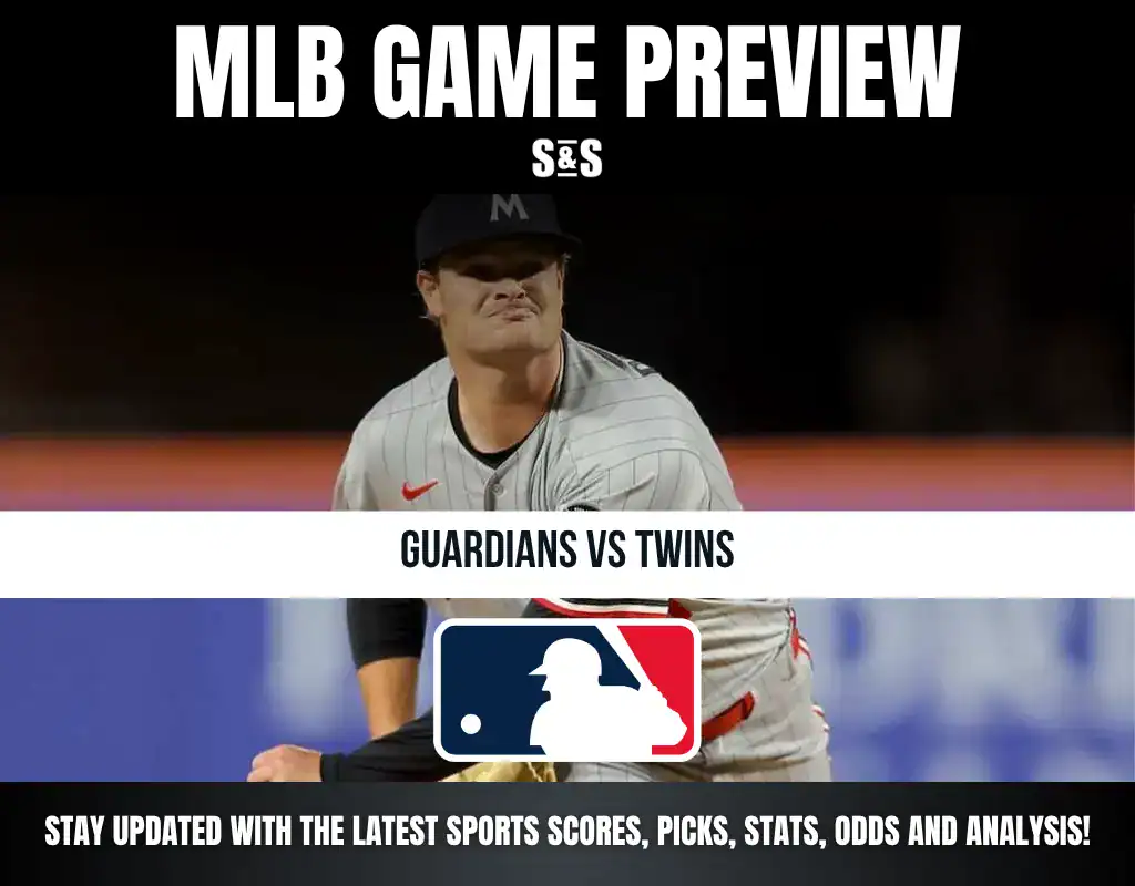 MLB Game Preview graphic featuring text "Guardians vs Twins" and a pitcher in action, with a banner at the bottom for updates on sports scores, picks, stats, odds, and analysis.