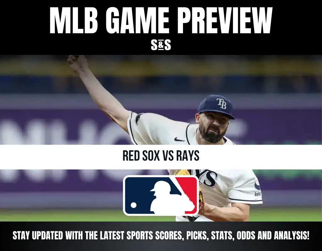 MLB Game Preview featuring a pitcher in action, with text for the matchup: Red Sox vs Rays, and a logo for Major League Baseball.