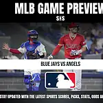 MLB Game Preview featuring Blue Jays vs Angels with images of a catcher and a batter in action.