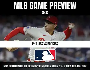 MLB Game Preview featuring Phillies vs Rockies, with a central MLB logo and a call to stay updated with the latest sports scores, picks, stats, odds, and analysis.