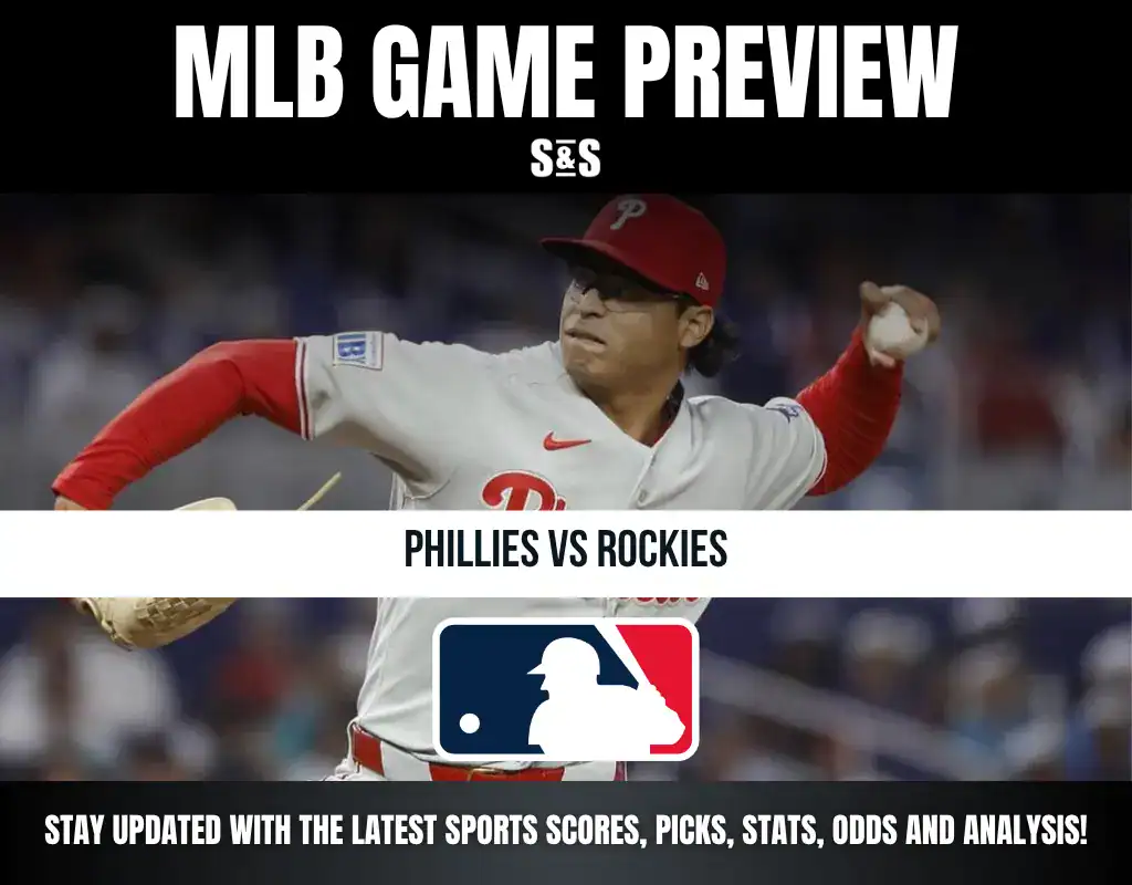 MLB Game Preview featuring Phillies vs Rockies, with a central MLB logo and a call to stay updated with the latest sports scores, picks, stats, odds, and analysis.