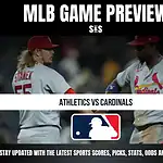 MLB Game Preview showcasing a matchup between the Athletics and Cardinals, featuring players in uniforms on the field.