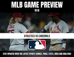 MLB Game Preview showcasing a matchup between the Athletics and Cardinals, featuring players in uniforms on the field.
