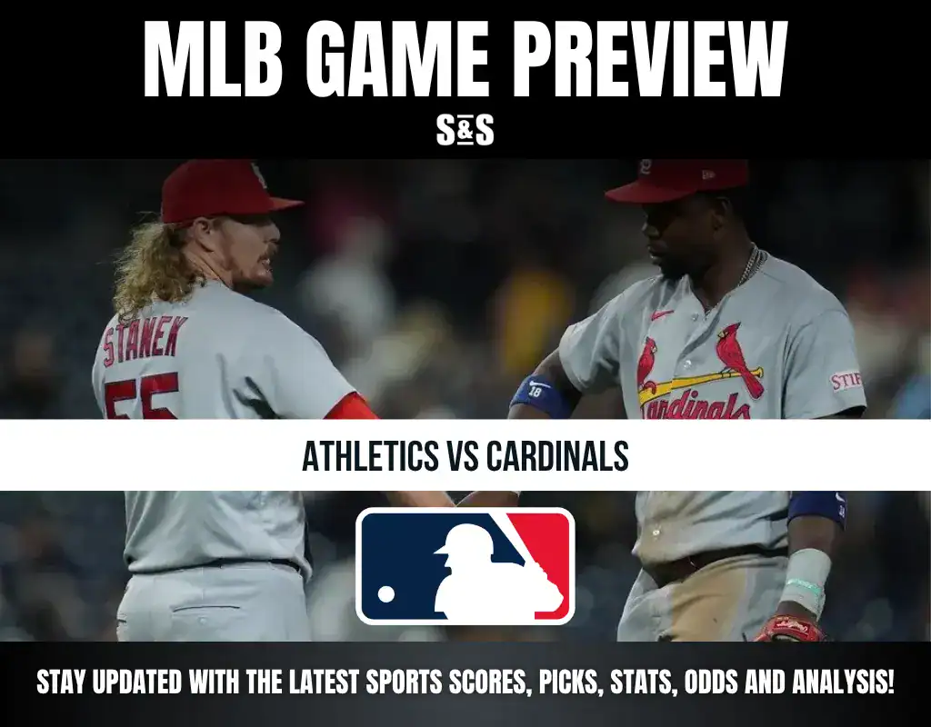 MLB Game Preview showcasing a matchup between the Athletics and Cardinals, featuring players in uniforms on the field.