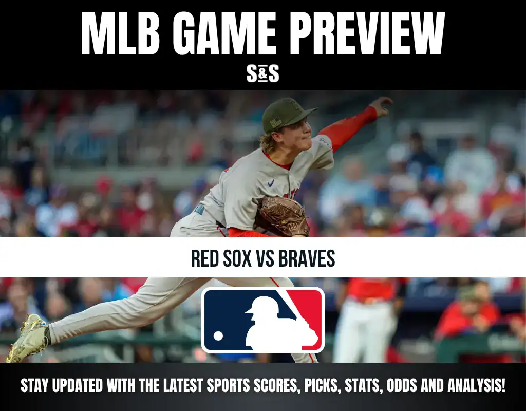 MLB Game Preview featuring a pitcher in action, with text indicating a matchup between the Red Sox and Braves. The MLB logo is displayed at the bottom along with a call to stay updated on sports scores, picks, stats, odds, and analysis.