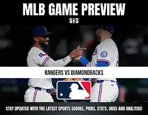 MLB Game Preview with the teams Rangers vs Diamondbacks, featuring two players shaking hands and a graphic displaying the MLB logo.