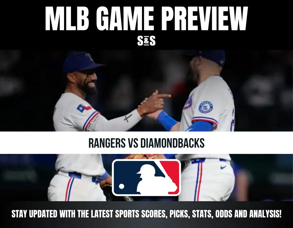 MLB Game Preview with the teams Rangers vs Diamondbacks, featuring two players shaking hands and a graphic displaying the MLB logo.