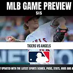 MLB Game Preview featuring Tigers vs. Angels, with a pitcher from the Angels in action and the MLB logo displayed.