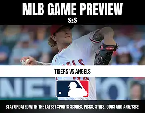 MLB Game Preview featuring Tigers vs. Angels, with a pitcher from the Angels in action and the MLB logo displayed.