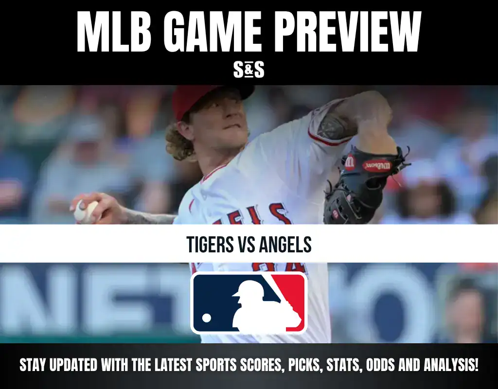 MLB Game Preview featuring Tigers vs. Angels, with a pitcher from the Angels in action and the MLB logo displayed.