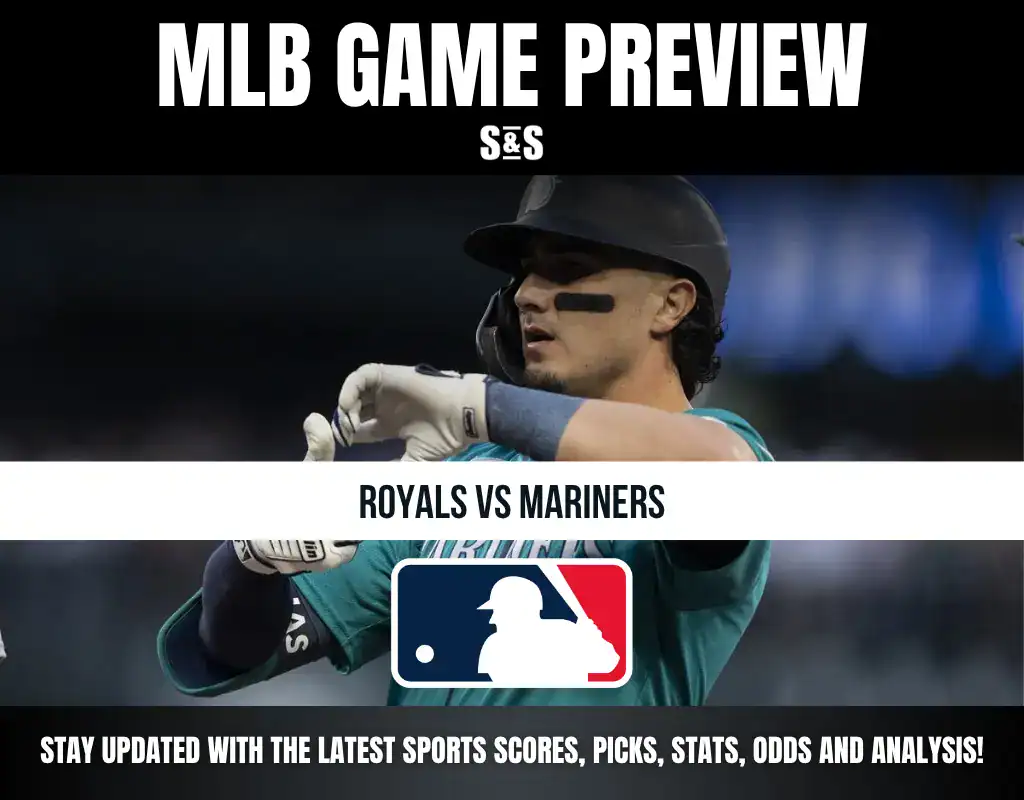 MLB Game Preview featuring Royals vs Mariners, with an MLB logo and a player wearing a baseball helmet.