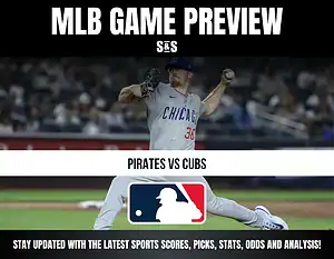 MLB Game Preview featuring a player from the Chicago Cubs pitching, with text indicating a matchup between the Pirates and Cubs.