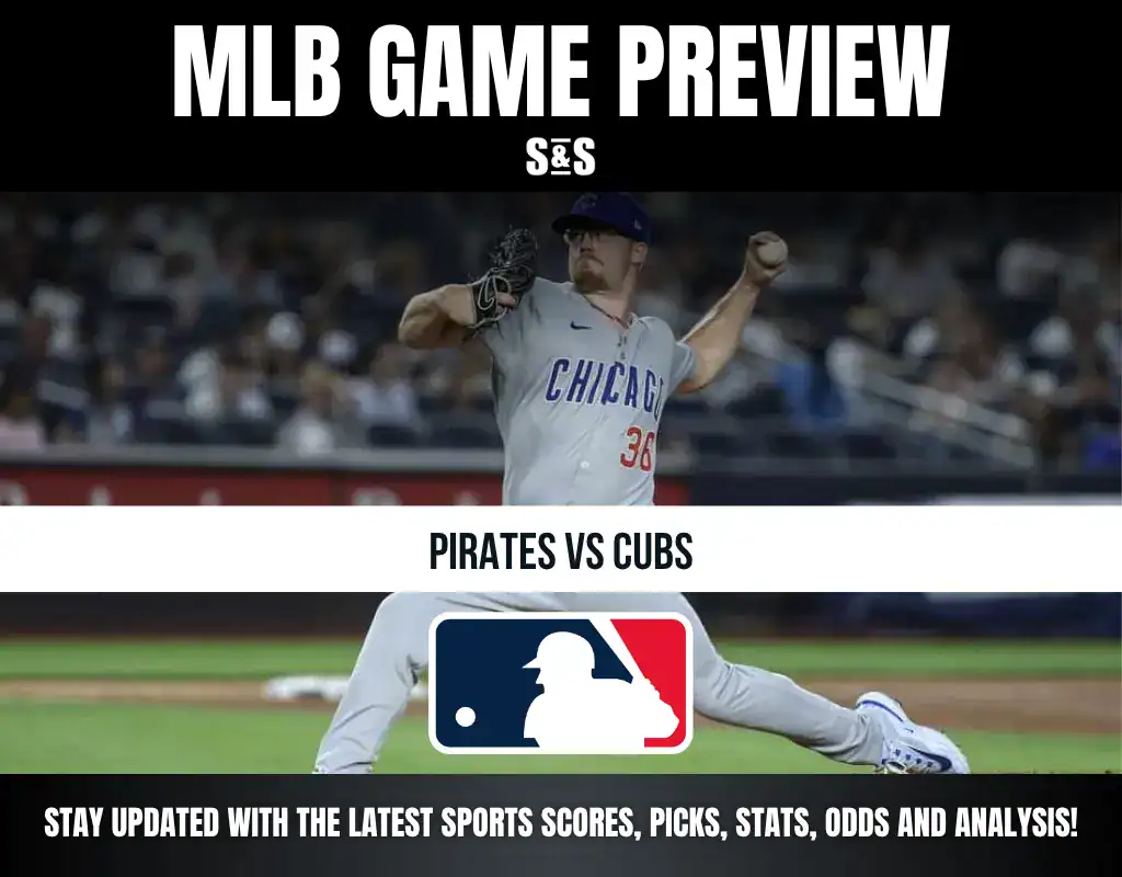 MLB Game Preview featuring a player from the Chicago Cubs pitching, with text indicating a matchup between the Pirates and Cubs.