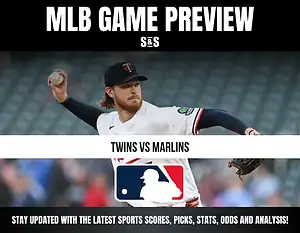 MLB Game Preview featuring Twins vs Marlins with a player from the Minnesota Twins throwing a baseball.