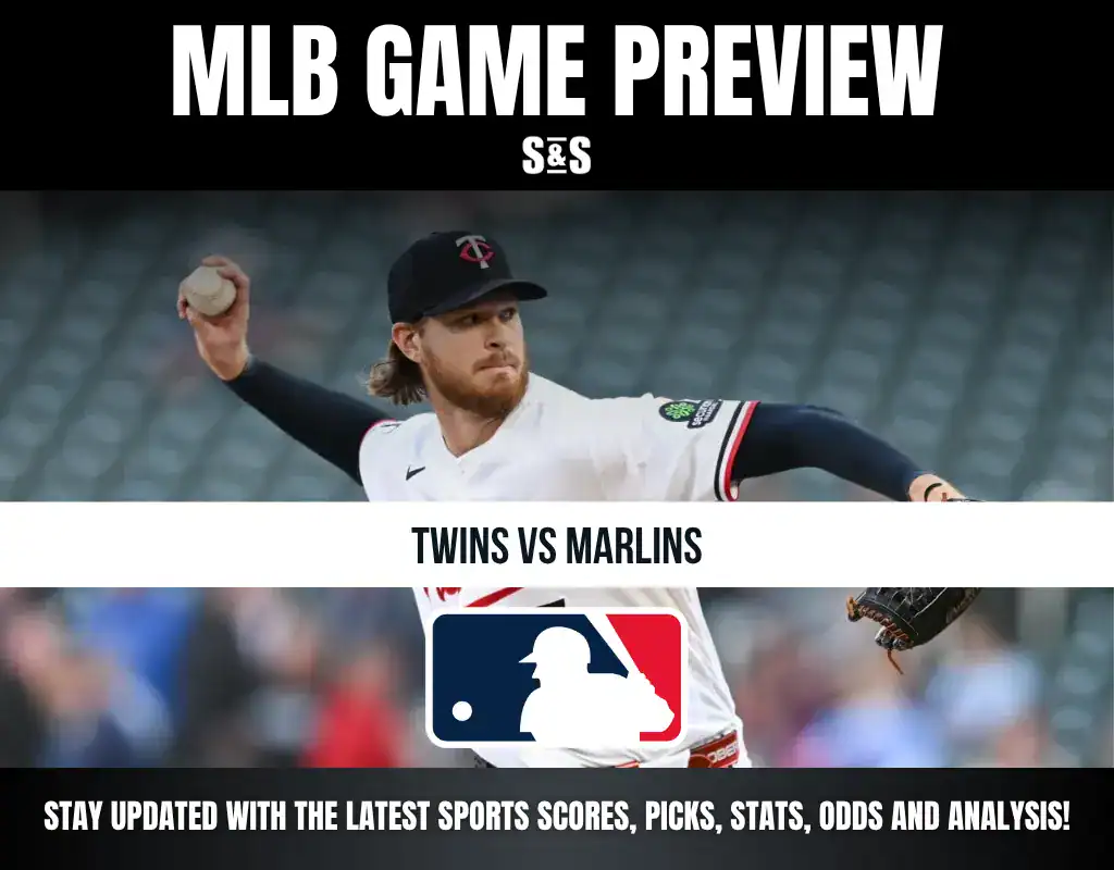 MLB Game Preview featuring Twins vs Marlins with a player from the Minnesota Twins throwing a baseball.