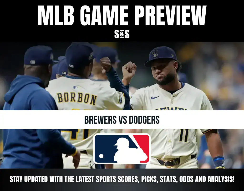 MLB Game Preview featuring Brewers vs Dodgers, with a call to stay updated with the latest sports scores, picks, stats, odds, and analysis.
