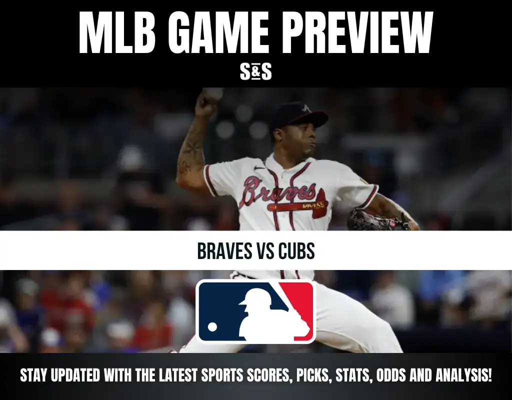 MLB Game Preview featuring a player from the Braves team, with a matchup between the Braves and Cubs, and a logo of Major League Baseball at the bottom.