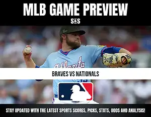 MLB Game Preview: Braves vs Nationals with an image of a pitcher in an Atlanta Braves jersey.