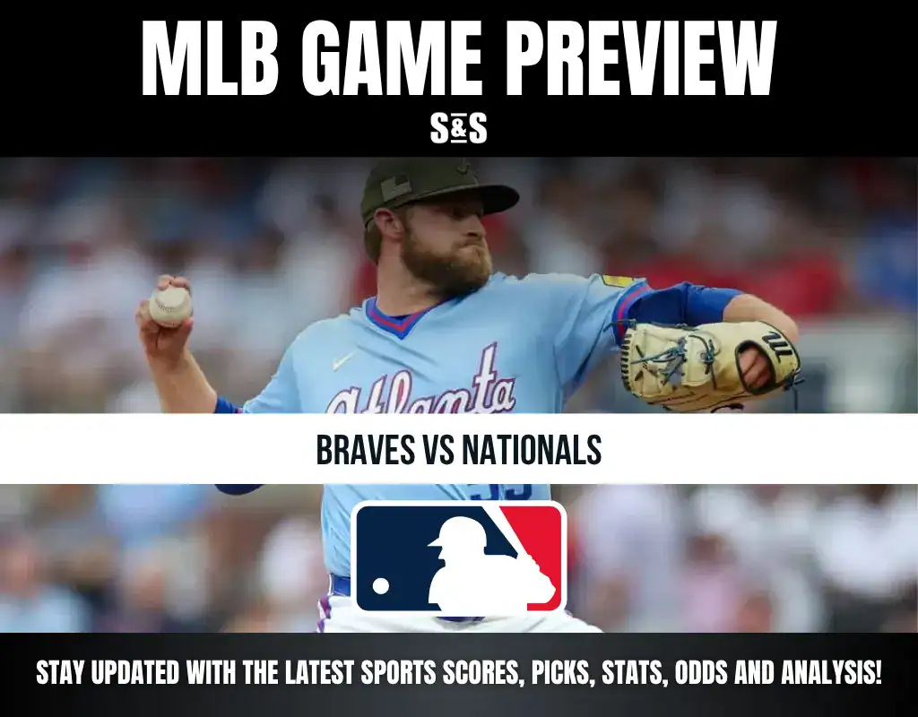 MLB Game Preview: Braves vs Nationals with an image of a pitcher in an Atlanta Braves jersey.