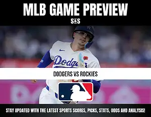 MLB game preview graphic showing a Dodgers player, highlighting an upcoming Dodgers vs. Rockies matchup, with MLB logo and update text at the bottom.