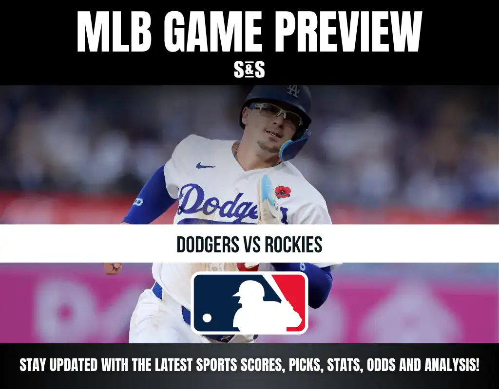 MLB game preview graphic showing a Dodgers player, highlighting an upcoming Dodgers vs. Rockies matchup, with MLB logo and update text at the bottom.