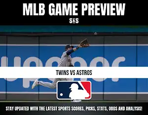 MLB game preview featuring the matchup between the Twins and Astros, with an image of a player from the Minnesota Twins making a catch.