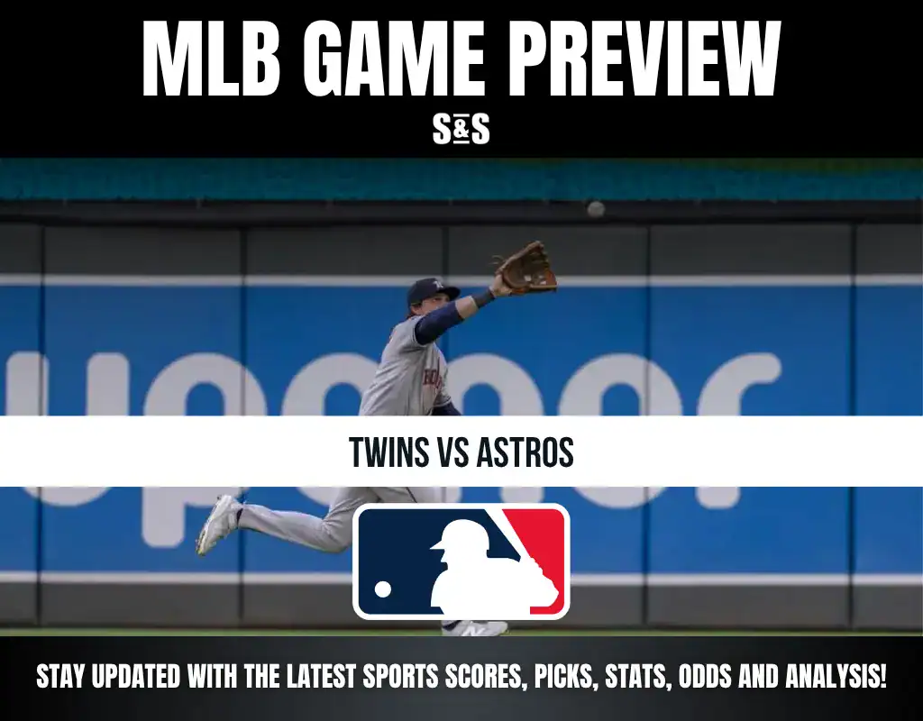 MLB game preview featuring the matchup between the Twins and Astros, with an image of a player from the Minnesota Twins making a catch.